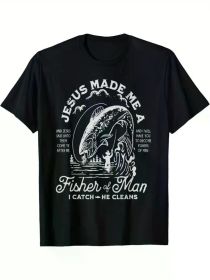 Jesus Made Me A Fisherman" Men's T-Shirt - 100% Cotton, Short Sleeve, Crew Neck with Geometric Print | Perfect for Everyday & Casual Wear (Color: Black, size: L)