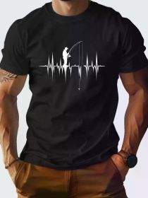 1 pc, 100% cotton T-shirt, Silhouette Fishing Design Comfort version of cotton men's T-shirt (Color: Black, size: XL)